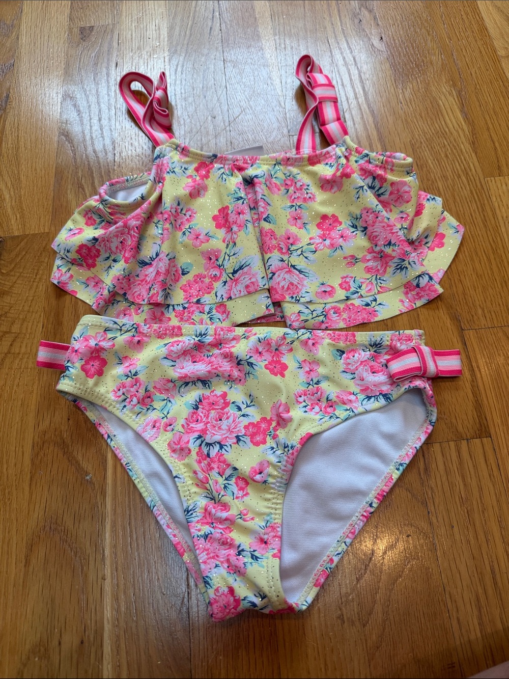 Nicole Miller Yellow Floral Ruffle Two-Piece Swimsuit with Pink Accents